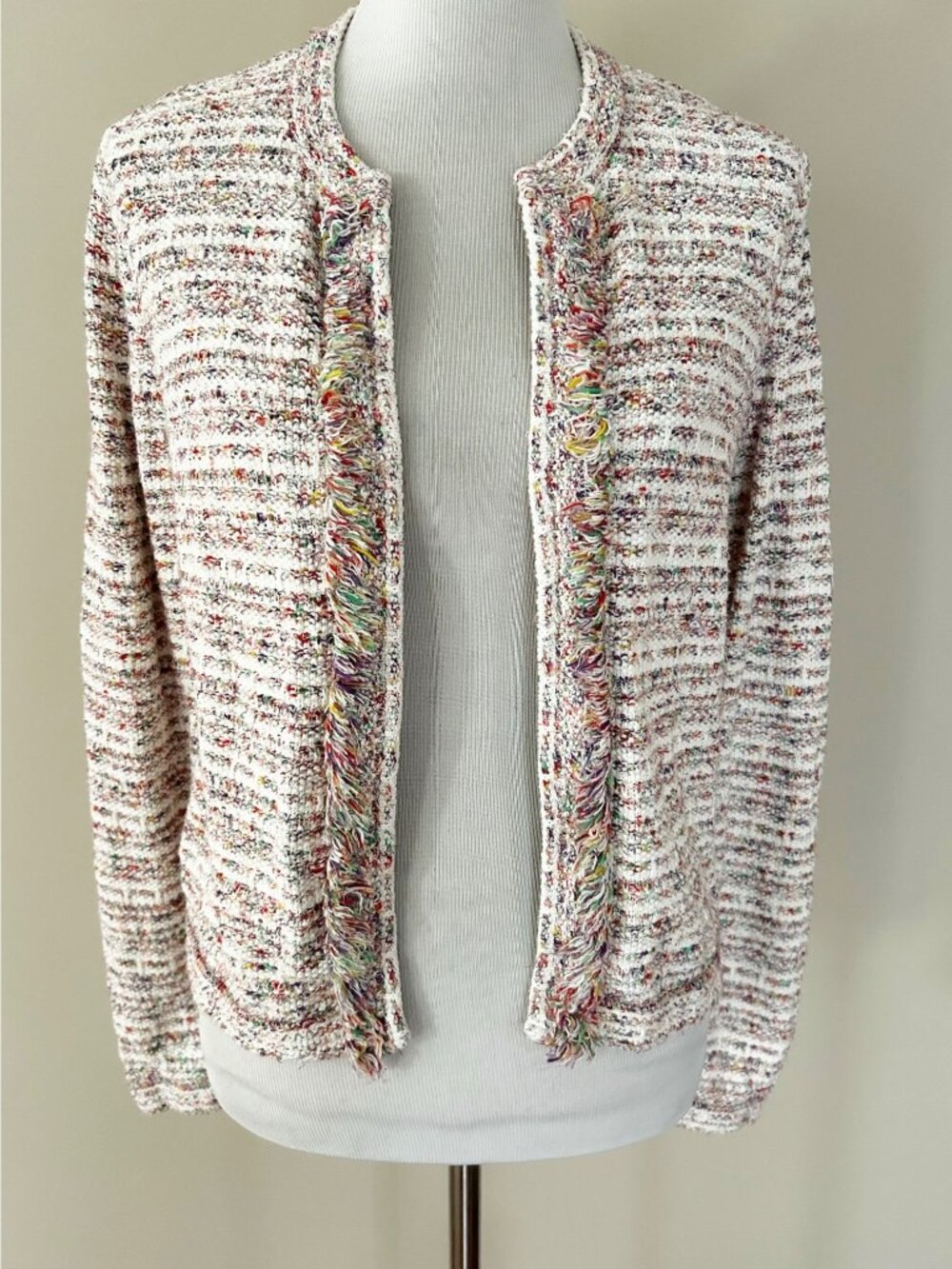Loft Colorful Tweed Cardigan Sweater Fringe Spring Preppy Classic Size Medium Wo